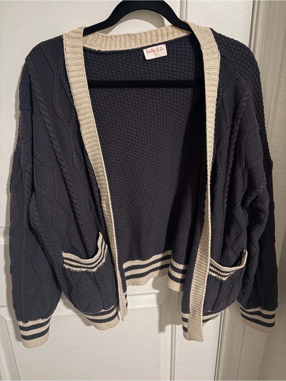Wool-Blend Open Cardigan Sweater - Black with Cream Trim